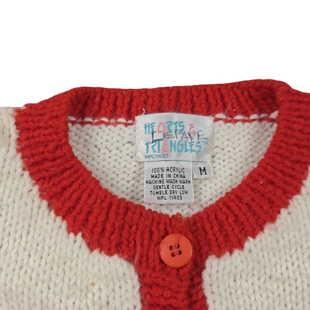 Vintage Hearts & Triangles Kids Knit Cardigan School Apple Embroidered Cream Red